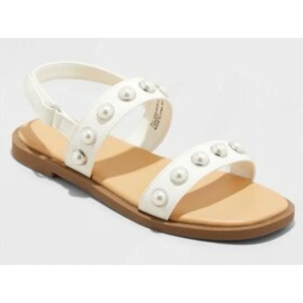Cat & Jack Girls Pearl Studded Two Strap Sandals White Size 2 NEW